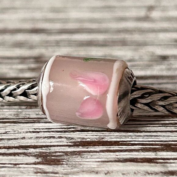 Halia Glass Barrel Charm 925S Sterling Core | Pink Floral Petals - Picture 1 of 5